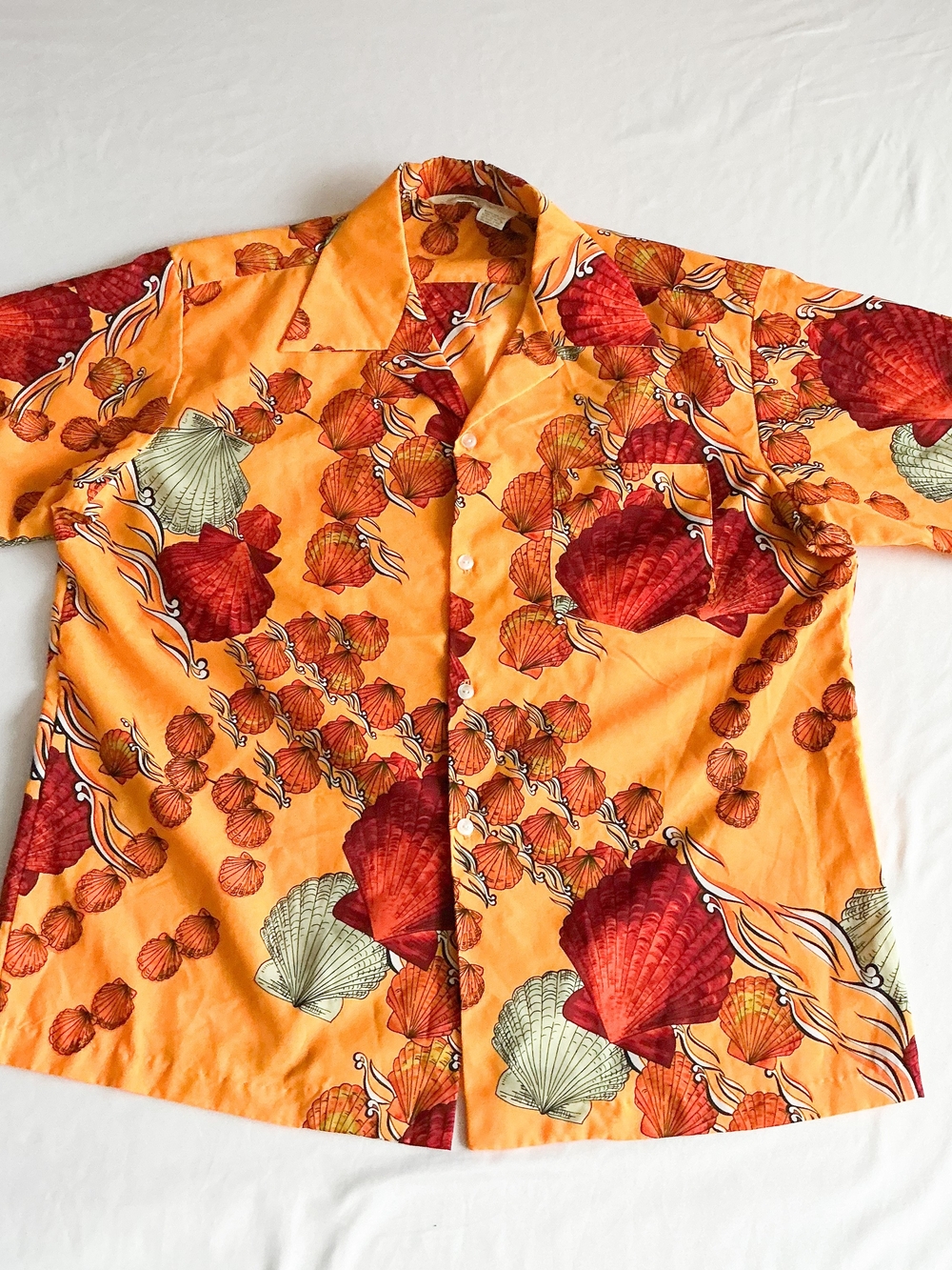 Tropicana Hawaii Vintage Hawaiian Shirt Bright Orange Seashell Print 1970s Sz XL